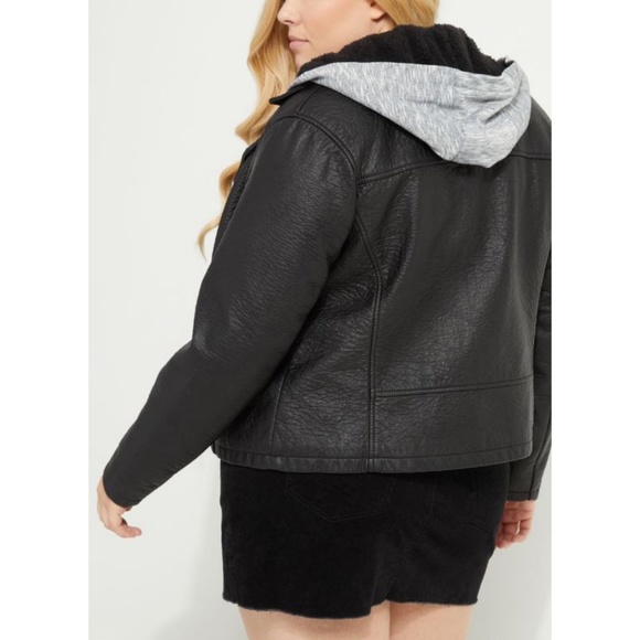 NEW plus size faux leather jacket removable hat - Picture 2 of 2
